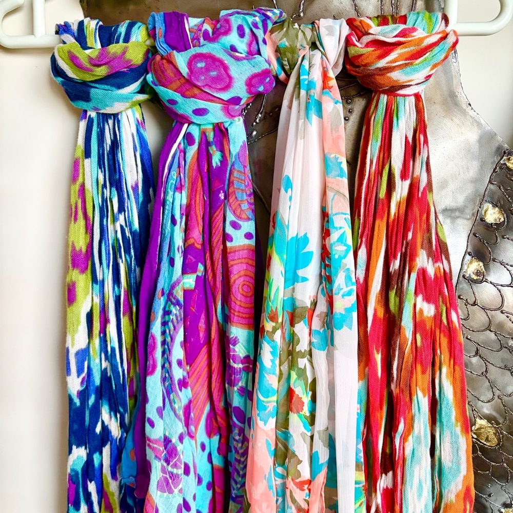 3/$30 -Lot of 4 colorful lightweight scarves, sarongs purple, orange, pink, blue